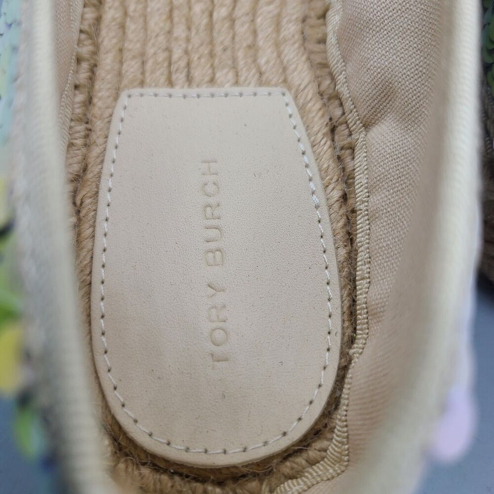 Tory Burch women flats sz 10 sequin espadrilles  ivory green logo new - Picture 9 of 13